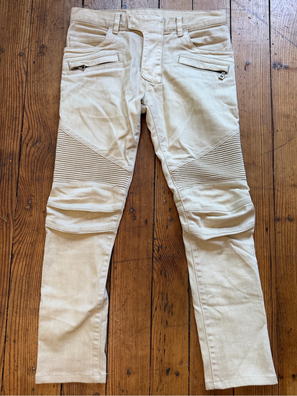Balmain Cream Biker Moto Jeans Ribbed Knee Stretch Sz 27